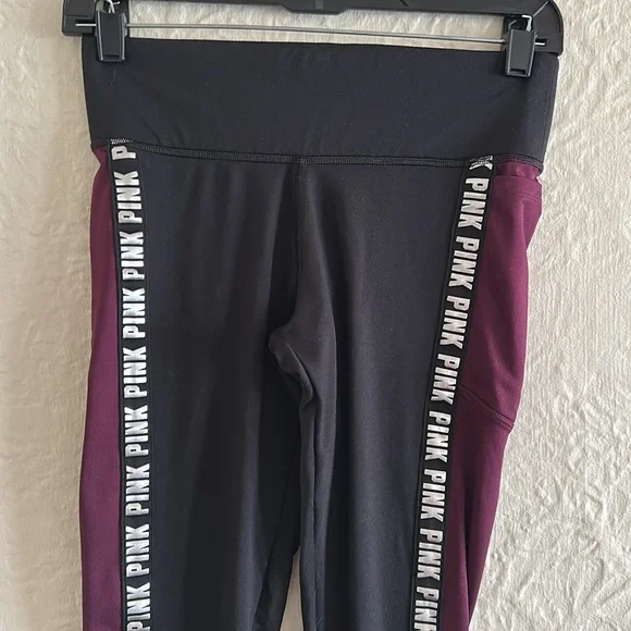 Victoria’s Secret Pink Cozy Fleece Lined Leggings Pockets Burgundy Black Sliver - Picture 4 of 6